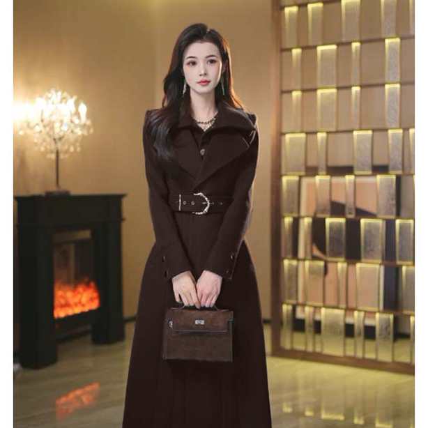 【有里布】【送腰带】翻领长袖显瘦收腰中长款连衣裙HY0139