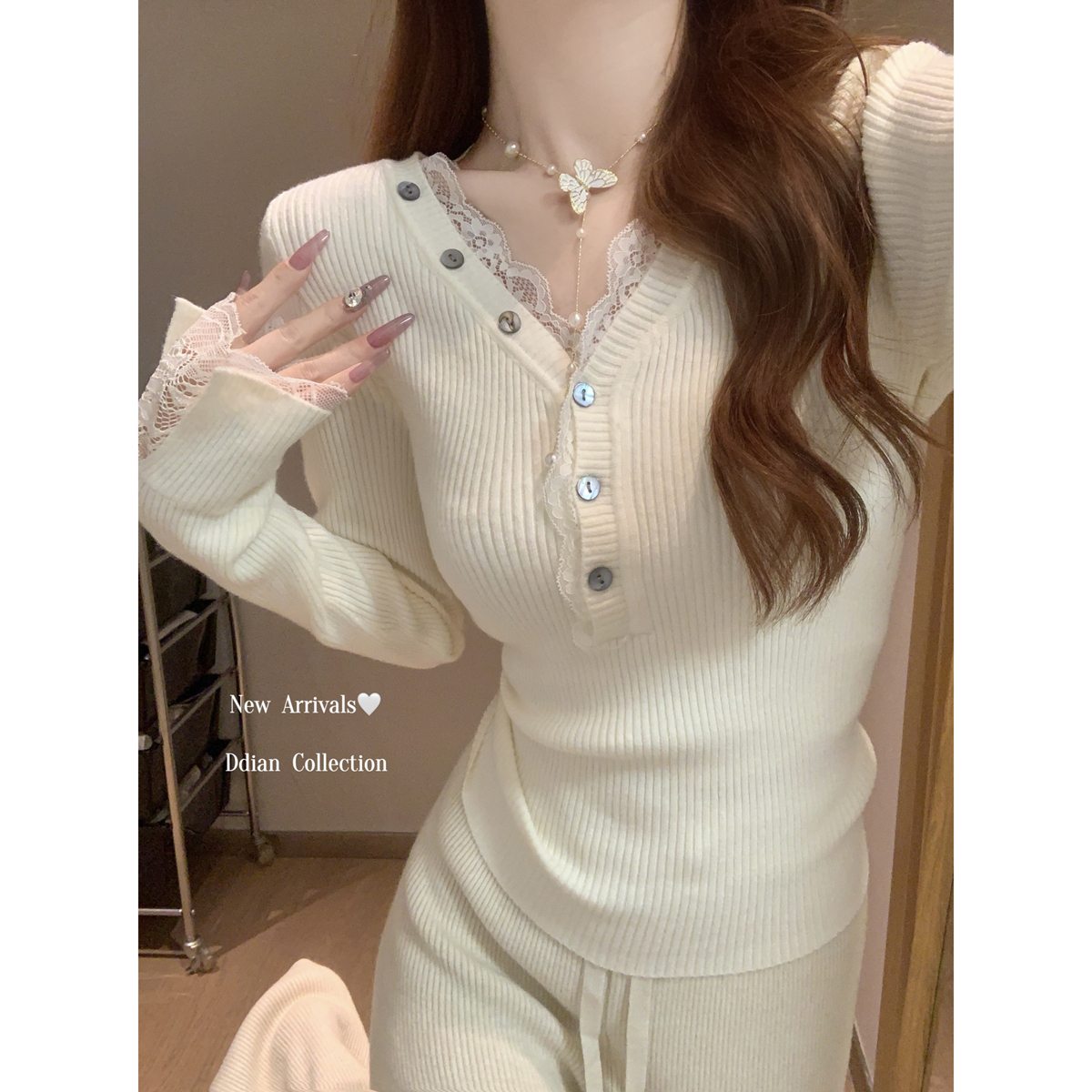 韩版v领蕾丝边纽扣气质打底针织衫女春秋冬季新款安迪绒内搭毛衣