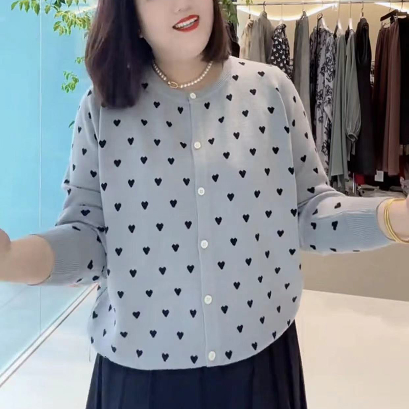 爱心双股色织绵羊毛针织开衫外套大码百搭秋季短款针织7126