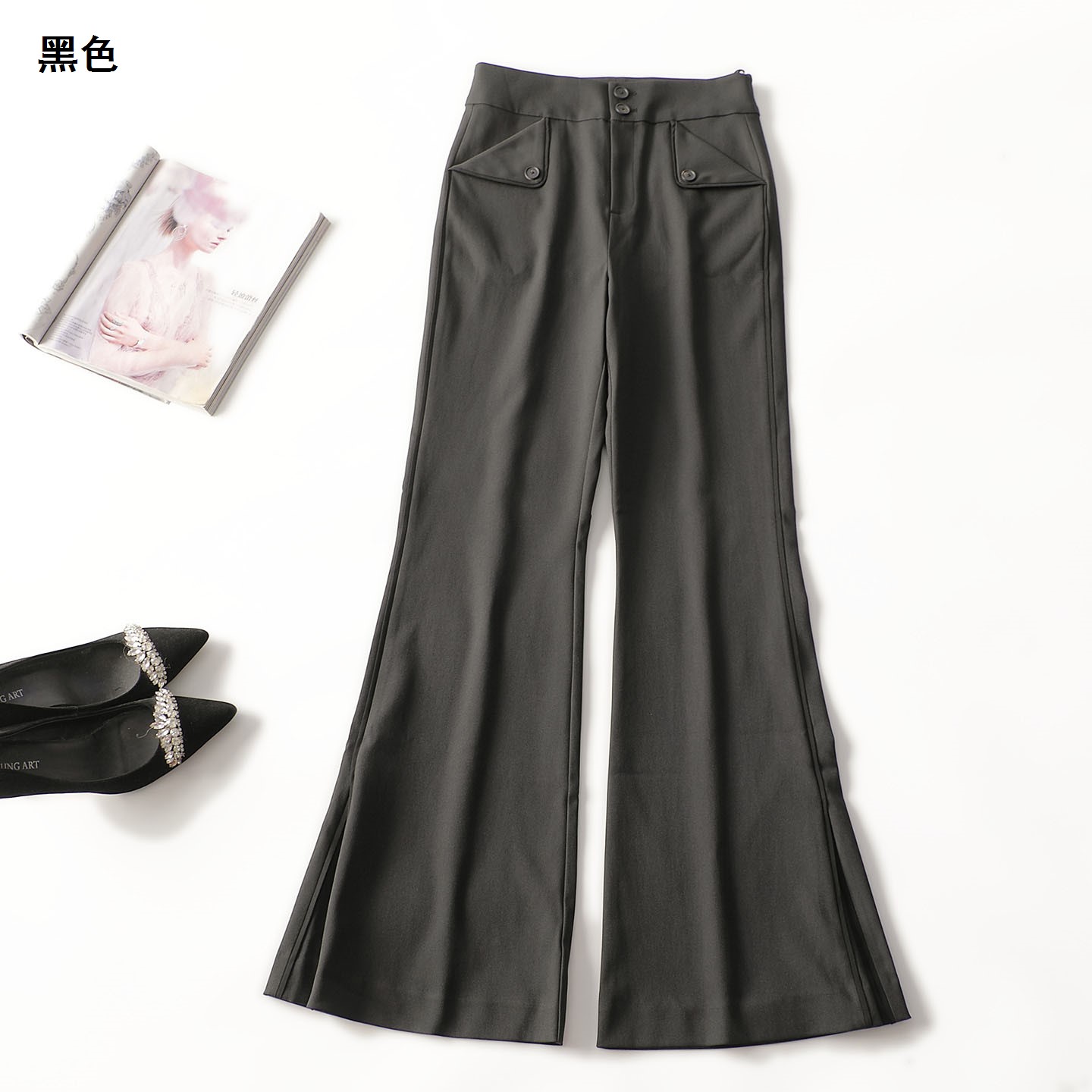 412633秋长款休闲裤高腰黑色阔腿裤
