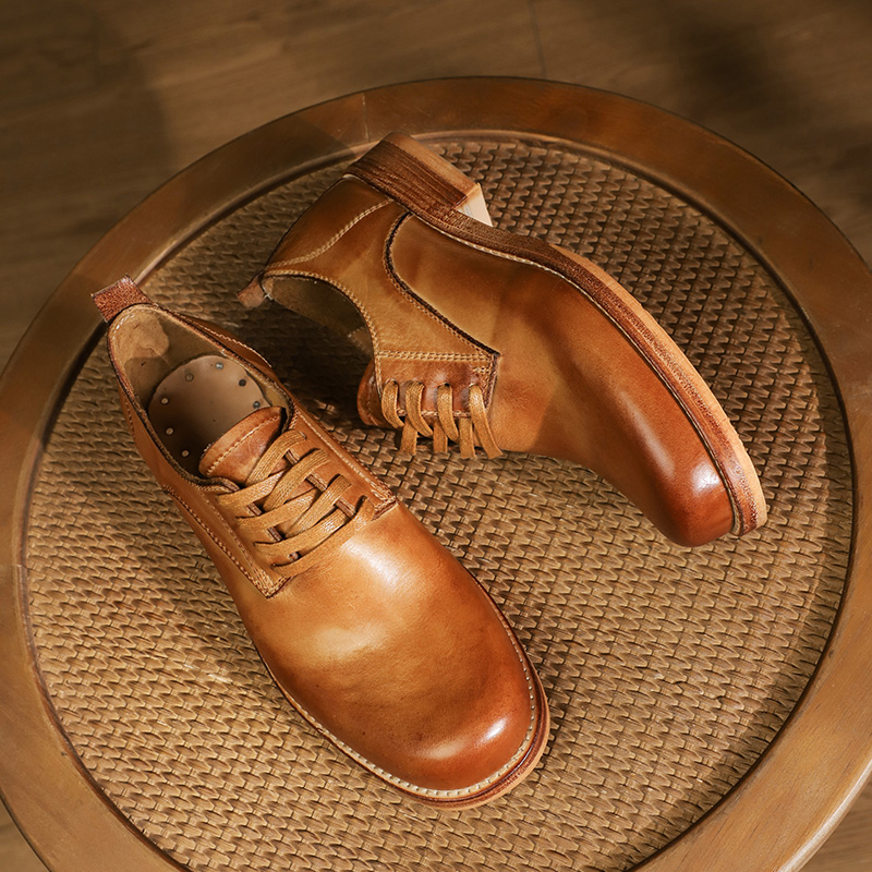男士手工水洗牛皮休闲皮鞋厚底德比正装皮鞋复古轻盈舒适圆头皮鞋