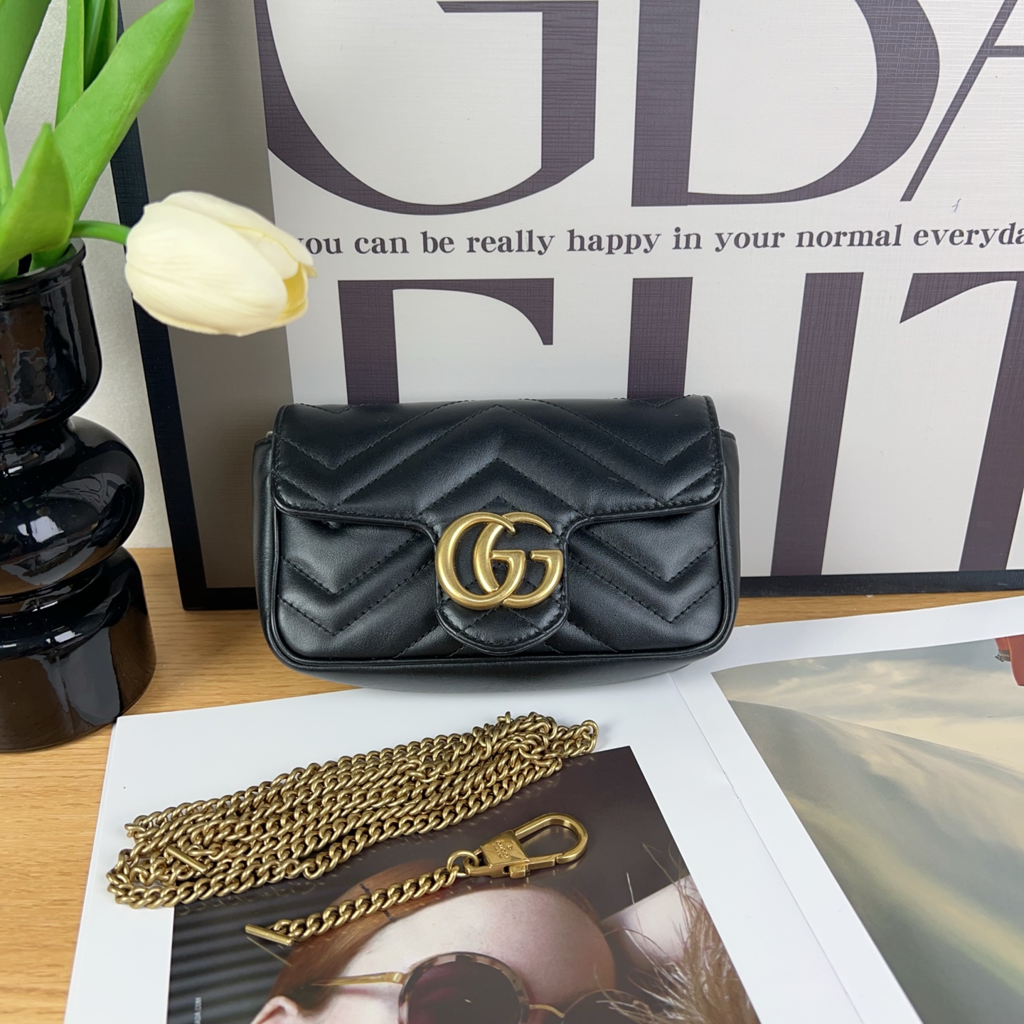 99新 GUCCI/古驰 古驰/Gucci 黑金马蒙mini 肩包