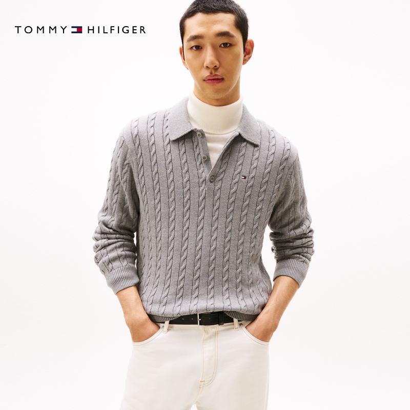 【丁海寅同款】Tommy25秋冬新款男装纯棉休闲绞花肌理POLO针织衫