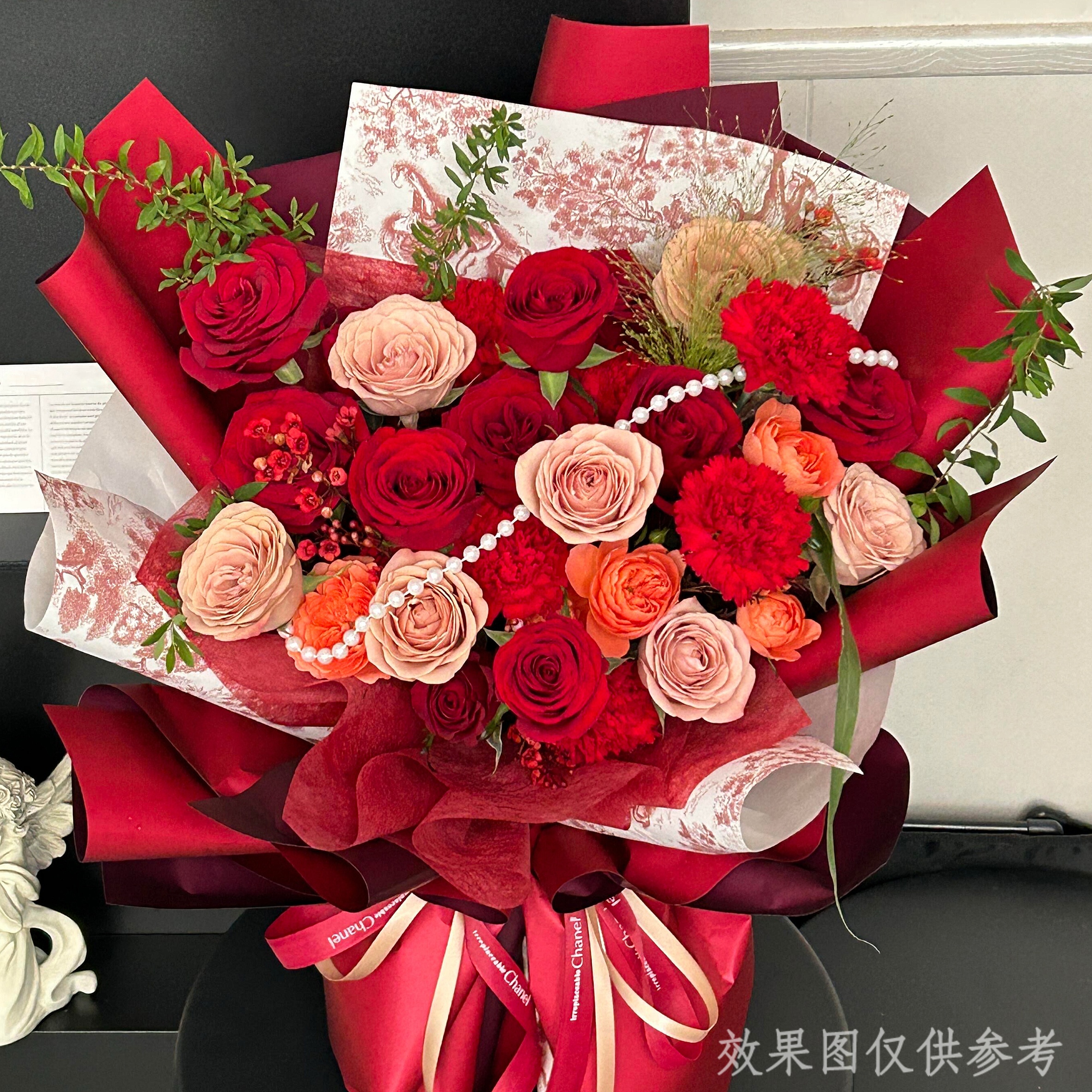 祝福礼♥闭眼入【9枝红玫瑰5枝红色康乃馨卡布奇诺鲜花花束鲜花】送妈妈长辈生日鲜花小时达同城鲜花配送