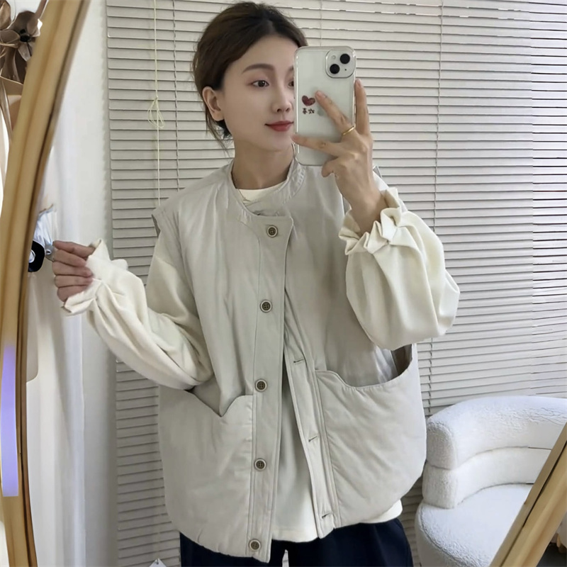 日系简约复古宽松大口袋棉马甲外套女2025秋冬新款加厚夹棉上衣潮