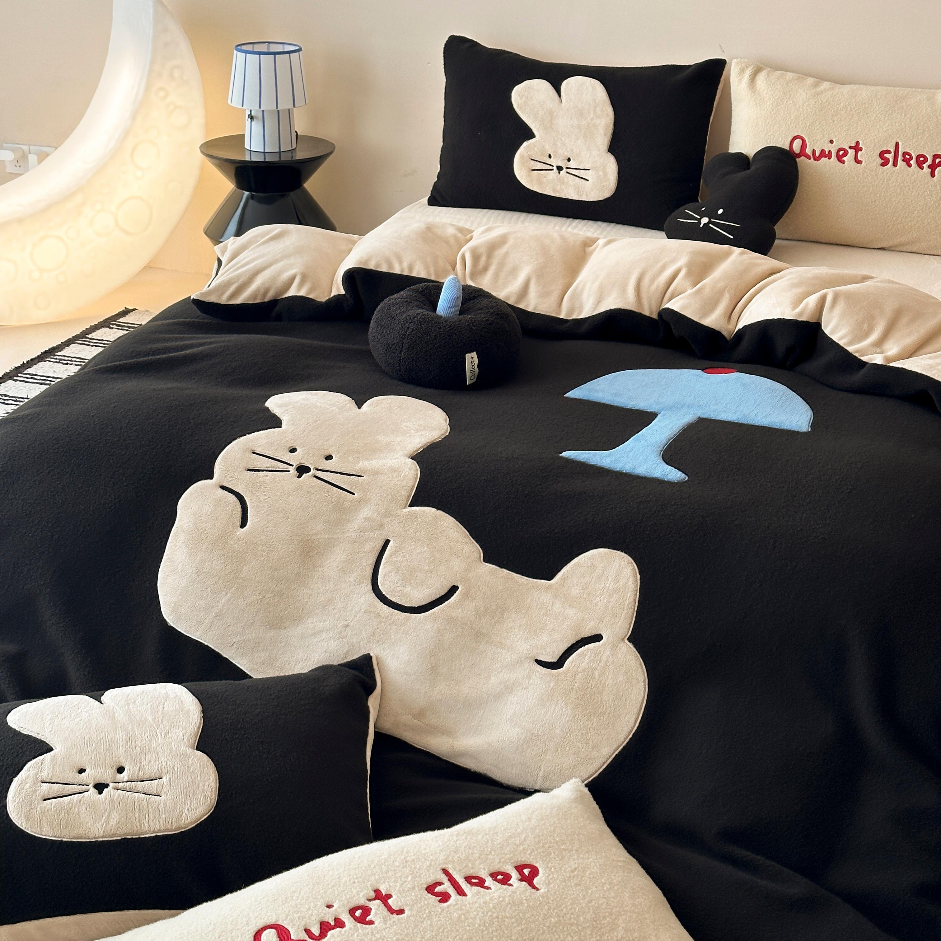 猫咪日记高定小众轻卡通仿生羊绒四件套全消光牛奶绒贴布绣三件套