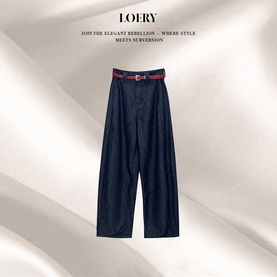 LOERY【自在裤编号94】复古慵懒风撞色腰带装饰阔腿牛仔长裤-7101