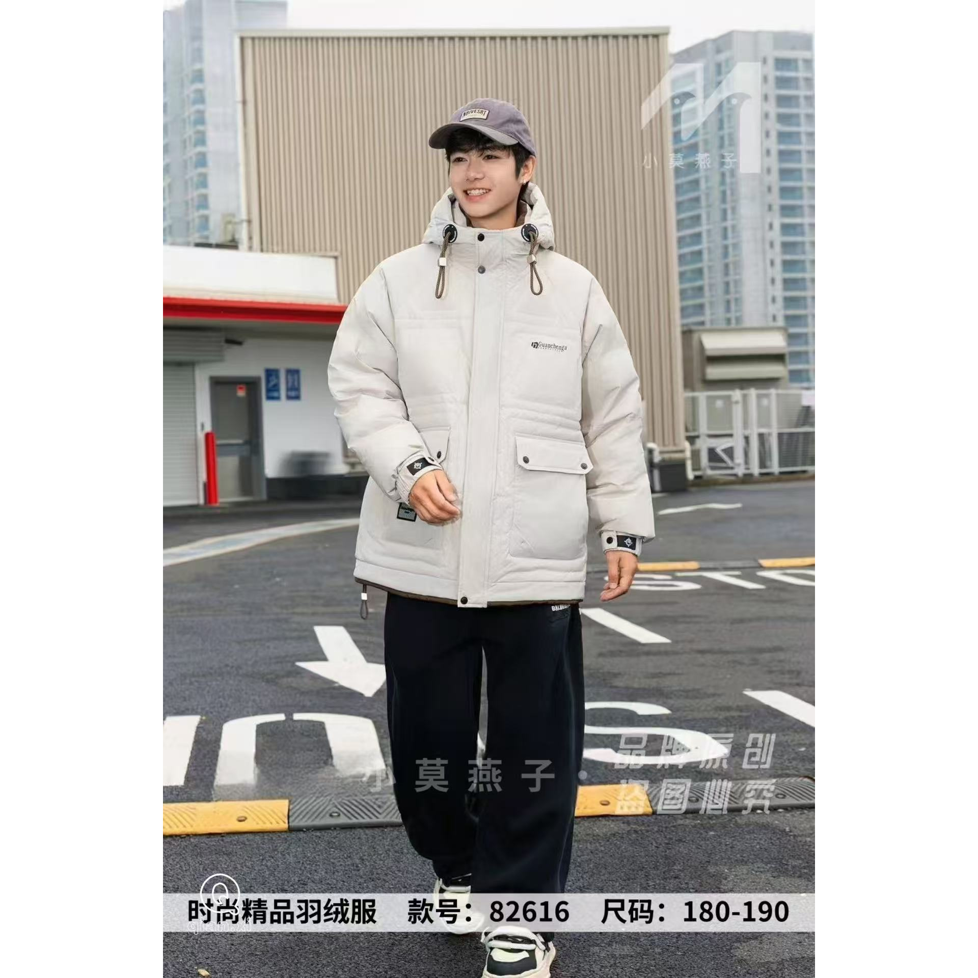 【82616-白灰色】青少年冬款连帽白鸭绒羽绒服