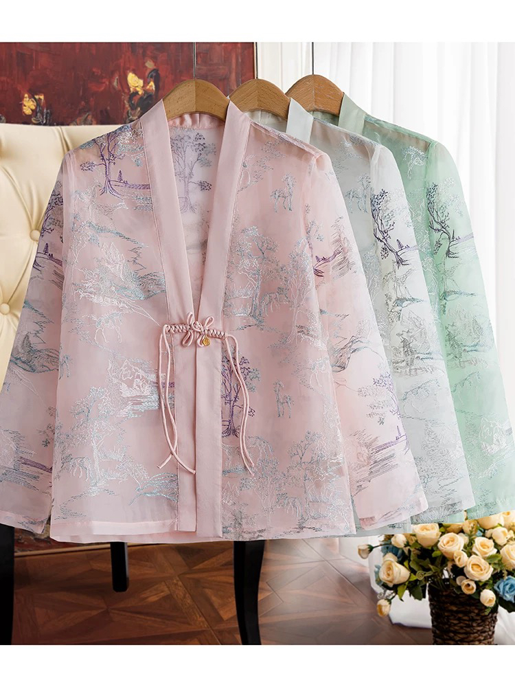 新中式国风刺绣一粒扣衬衫女2025夏季真丝微透防晒