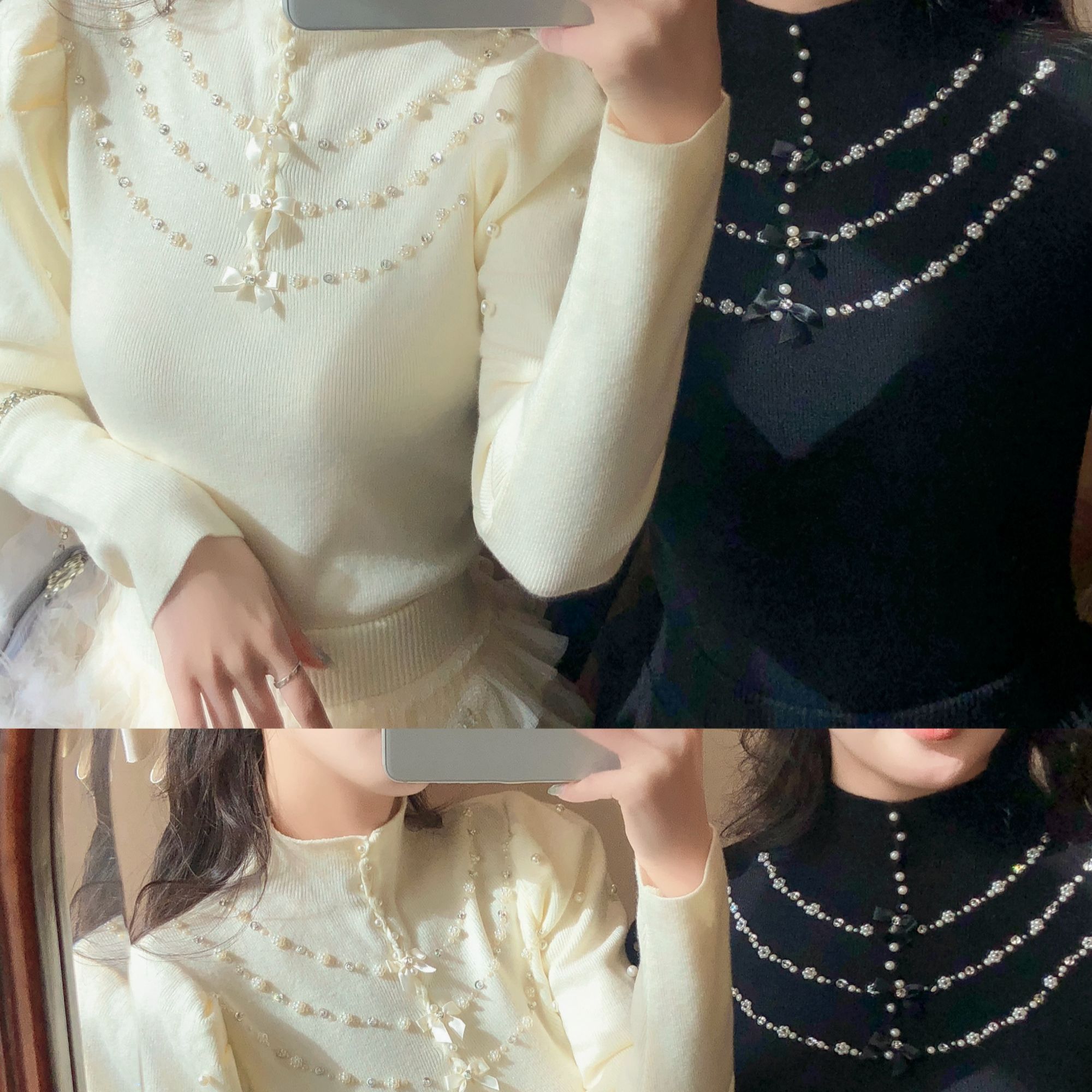 艾日秀2025秋冬新款法式套装钉珠半高领针织上衣修身显瘦K0001