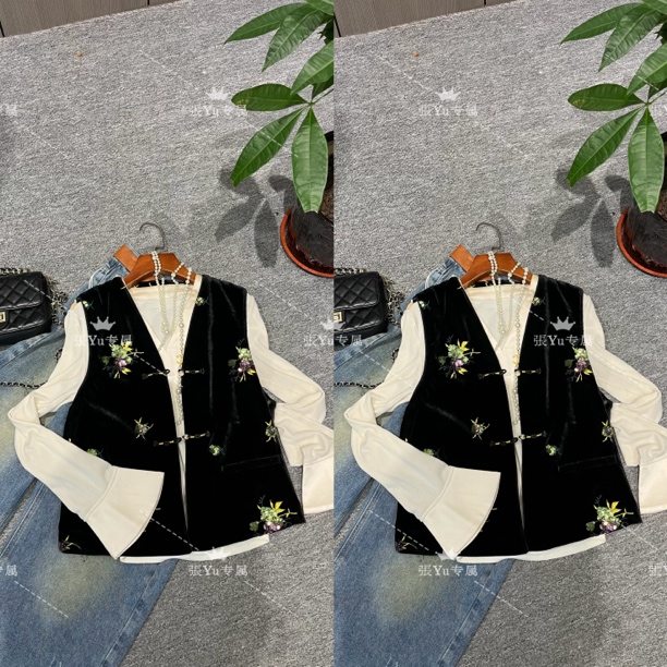 張.Yu专属国风圆领小众设计重工刺绣丝绒秋款马甲