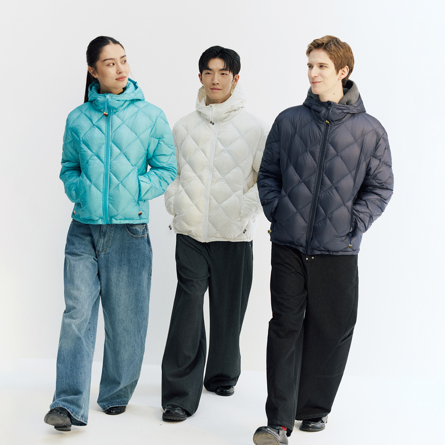 NORYBRAND 菱形无胆90白鸭绒连帽羽绒服冬季新款时尚保暖拉链外套