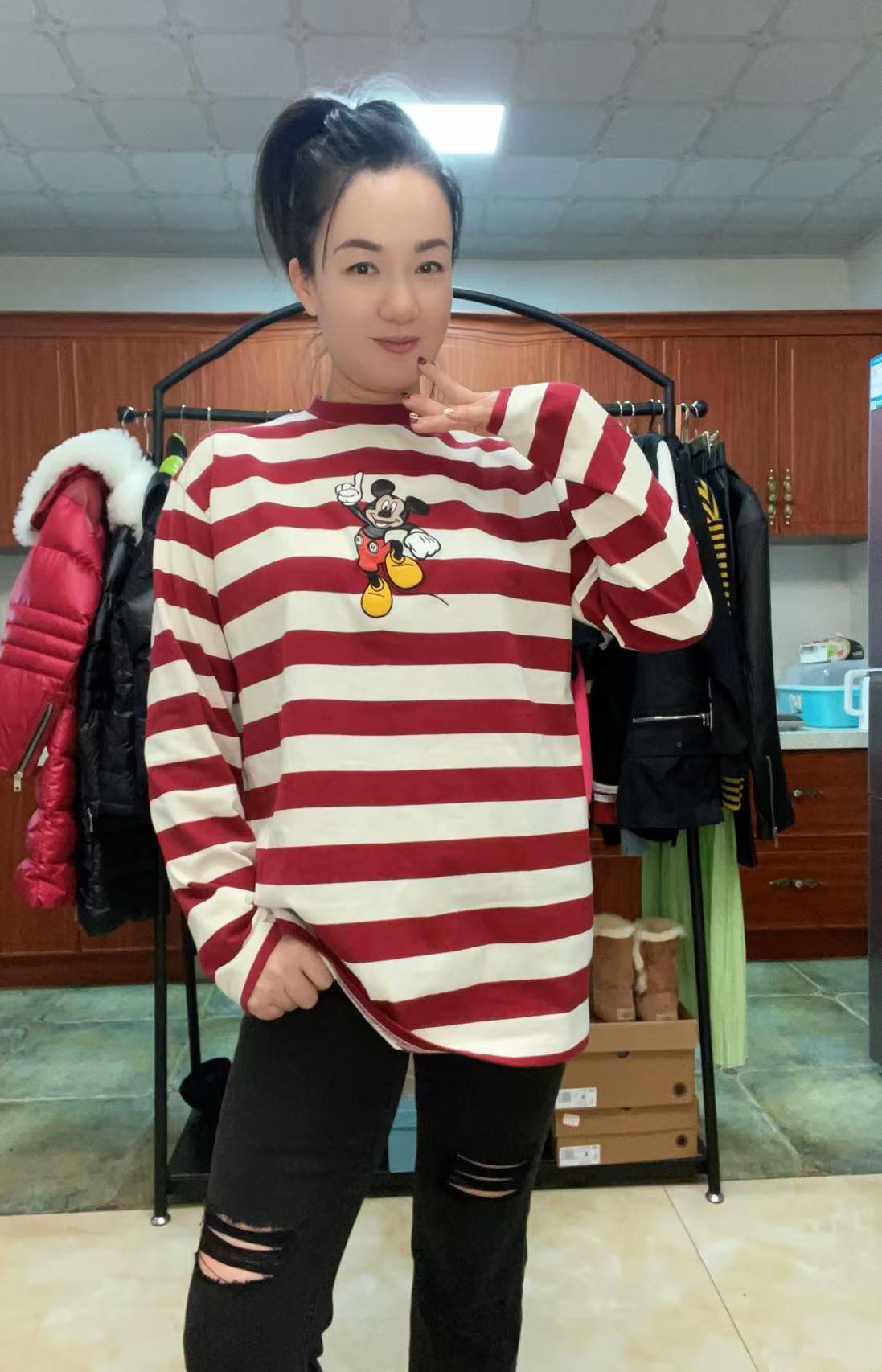 【米奇喵喵】春季新款刺绣米奇前后图案大横条T