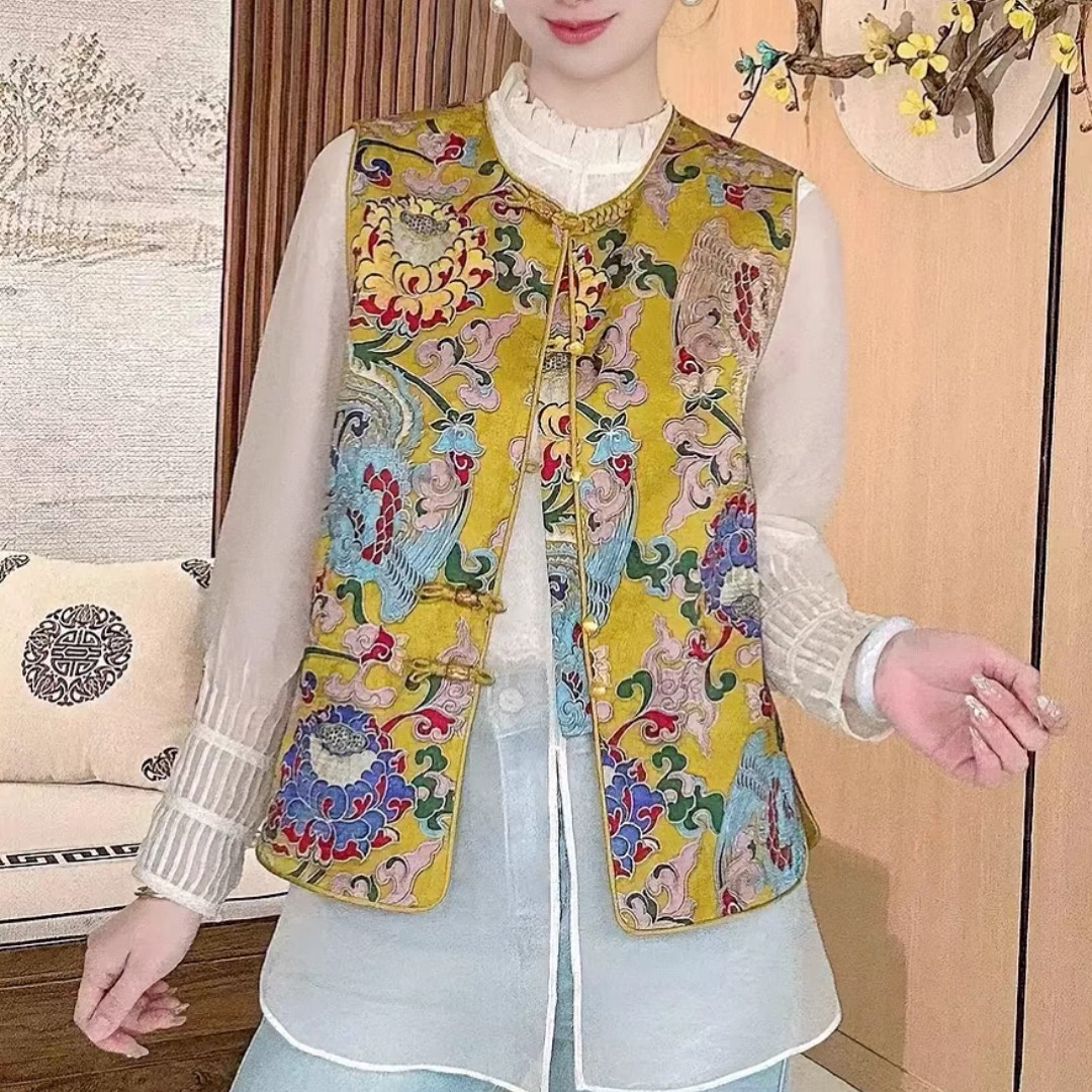 98025新中式复古国风圆领提花马甲时尚百搭开衩背心