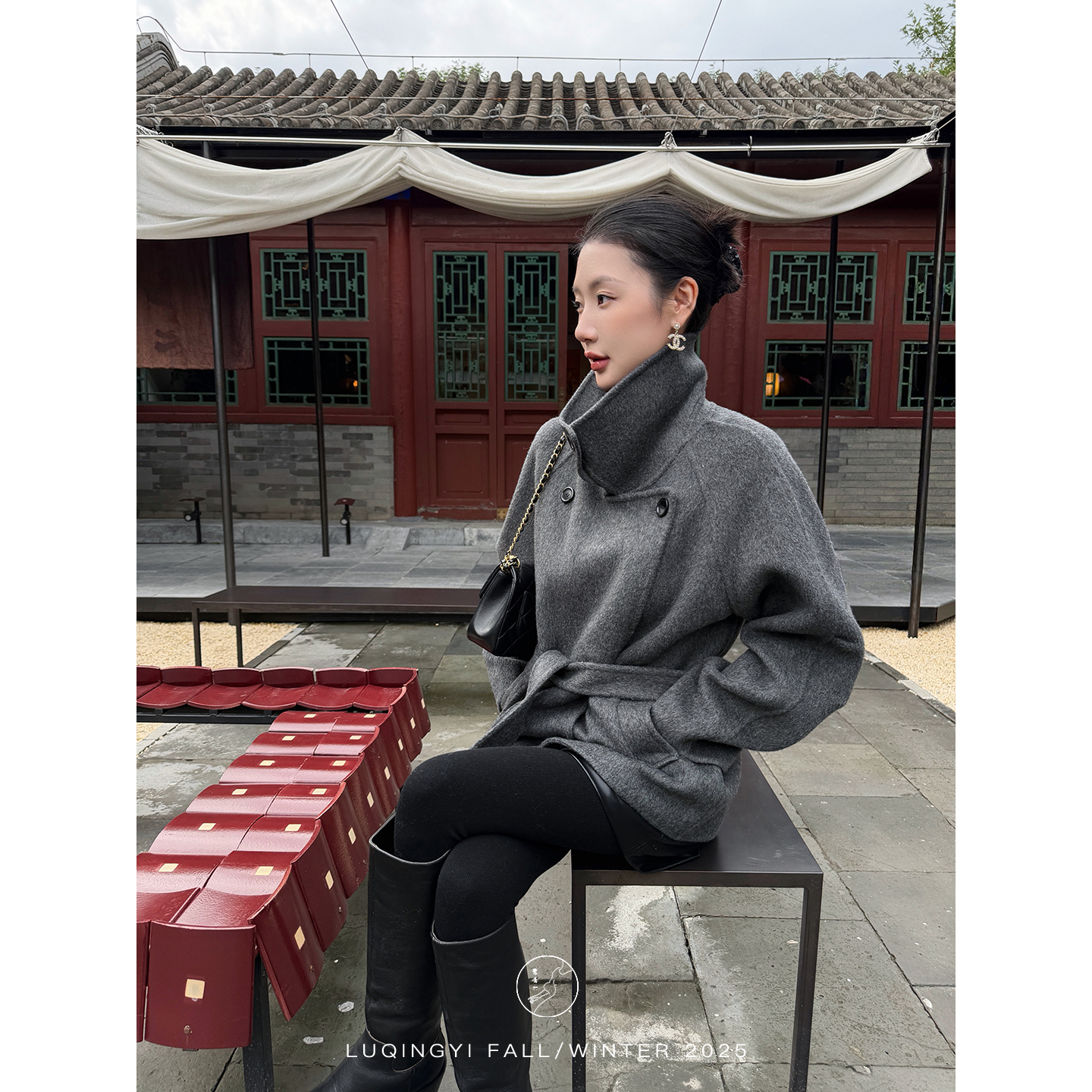 鹭青一原创【游子意】高克重100羊毛收腰双面呢大衣女L25D3312K