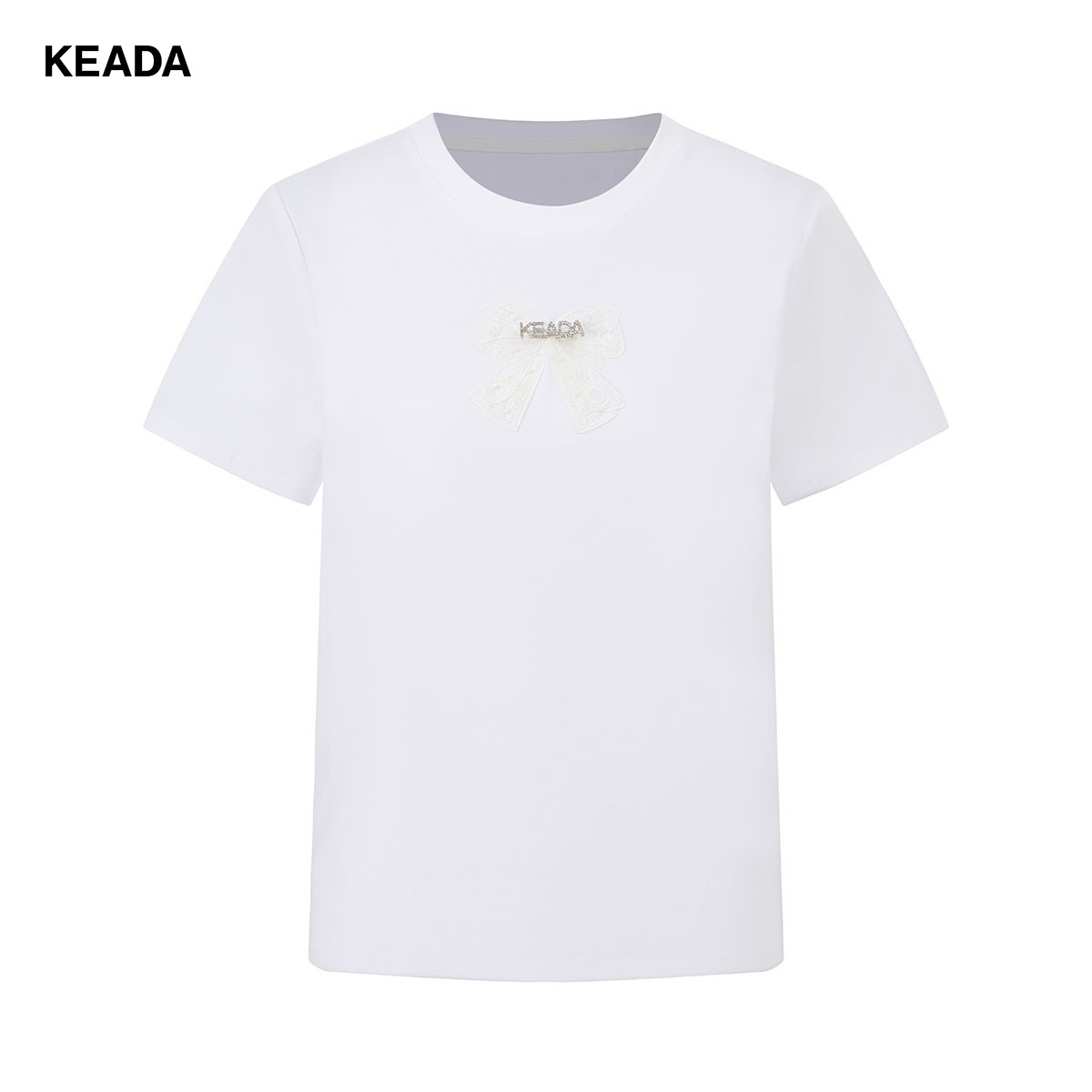 KEADA短袖蕾丝蝴蝶结水钻别针简约纯棉少女感T恤KSN3021815