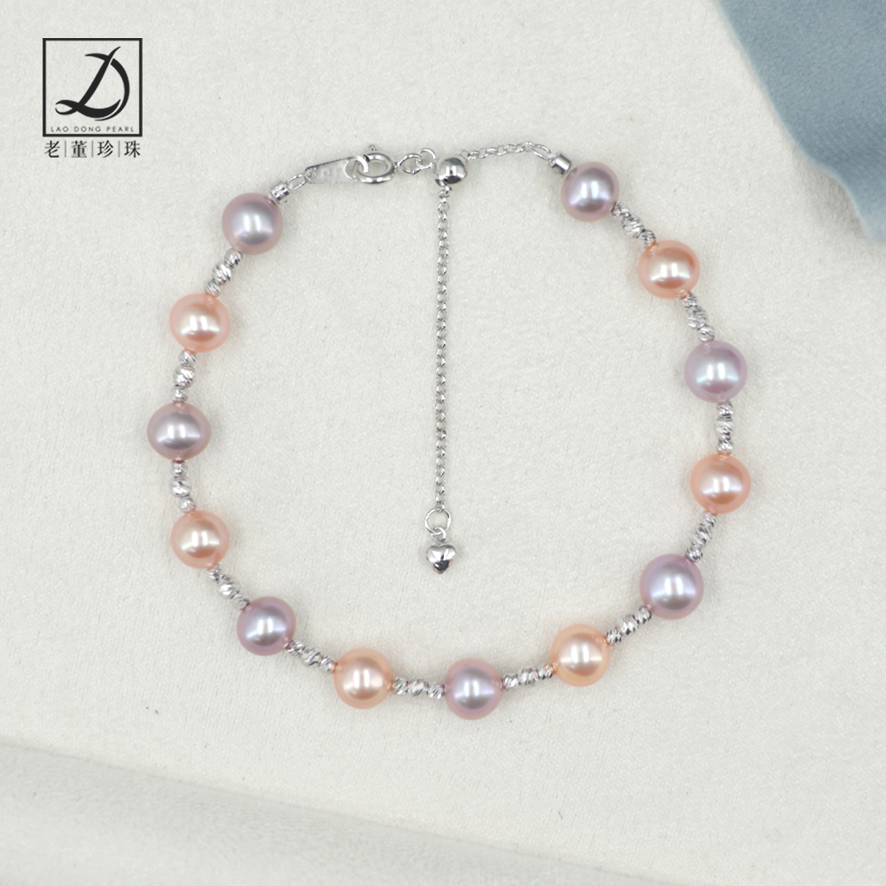 S925银6.5-7mm淡水无核混彩珍珠手链