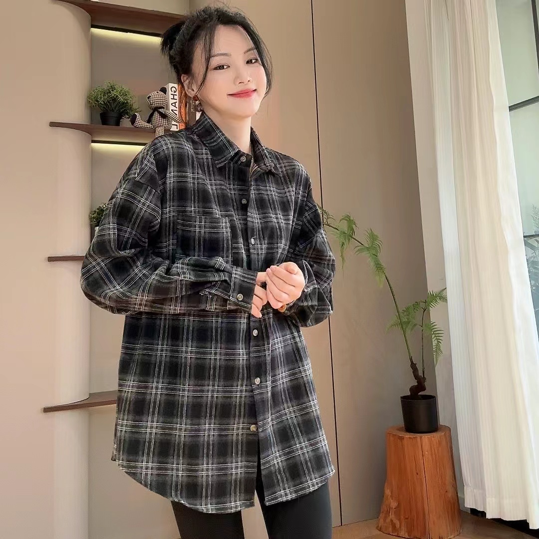 秋冬唐顿庄园格纹格子磨毛长袖衬衣4-10-10