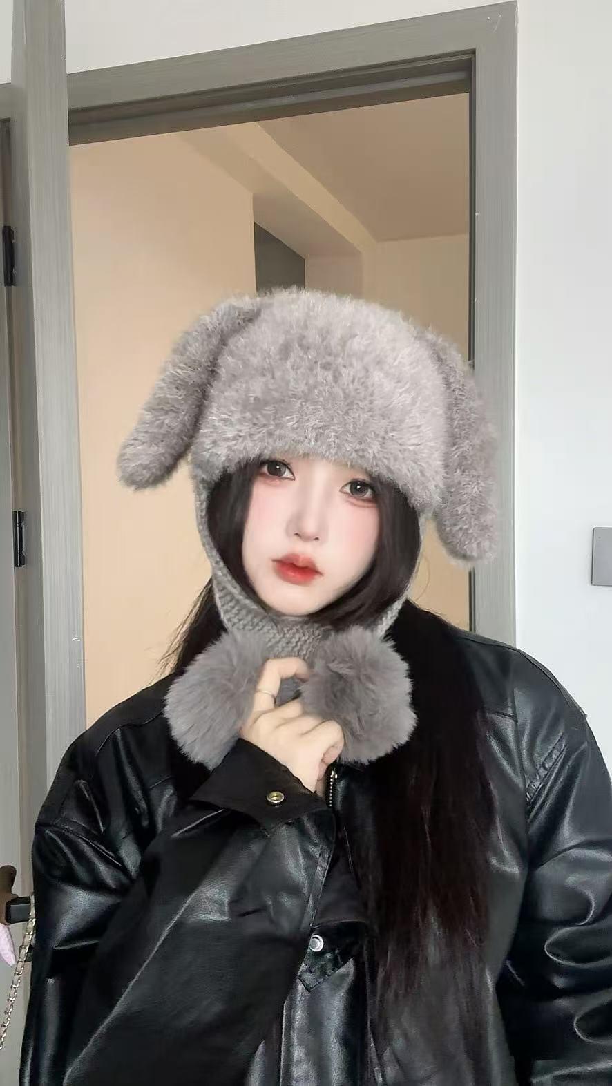 球球可爱毛绒兔兔帽女士秋冬毛绒帽子加绒加厚保暖冬季百搭雷锋帽