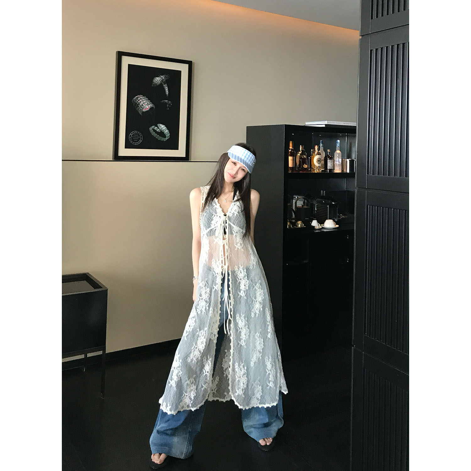 SKKSkk Store 茉上白苔 蕾丝长背心连衣裙春新款叠穿系带开衫女