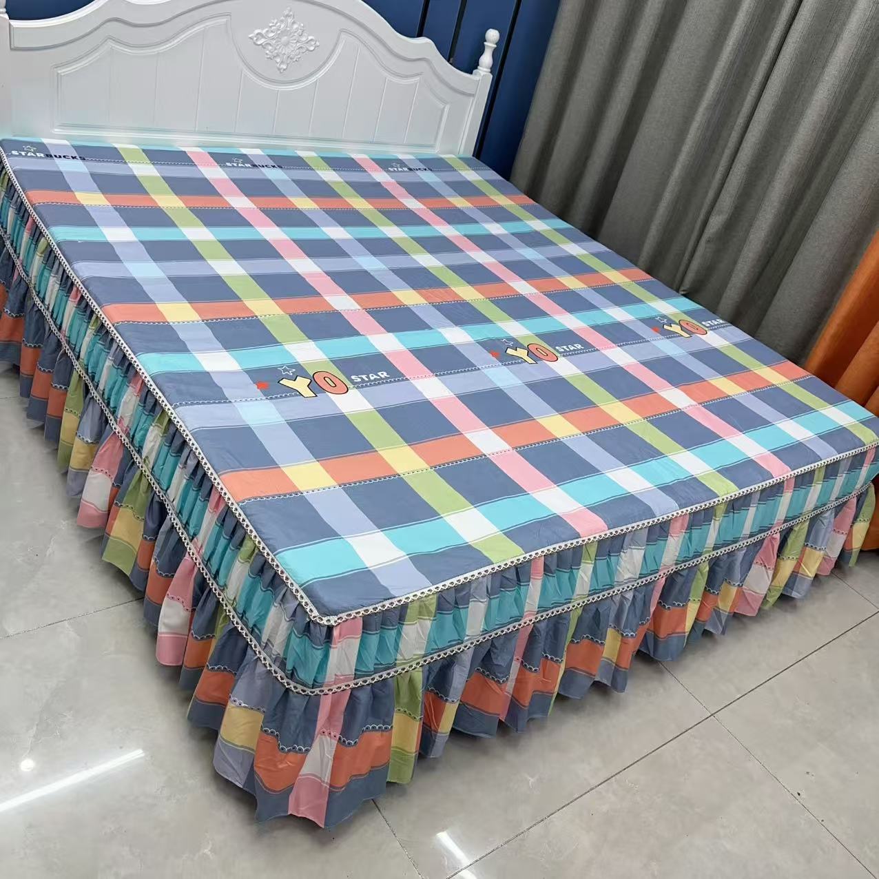 彩色蓝格防滑床床笠床罩席梦思双人床保护套床罩床罩床套罩带床裙