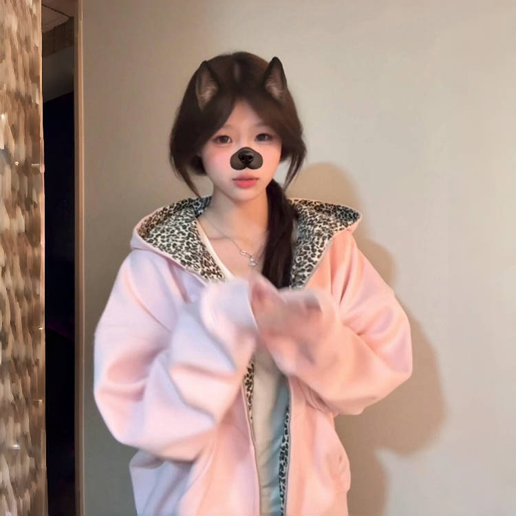 美式复古豹纹连帽卫衣外套女秋冬季甜美粉色上衣慵懒宽松拉链开衫
