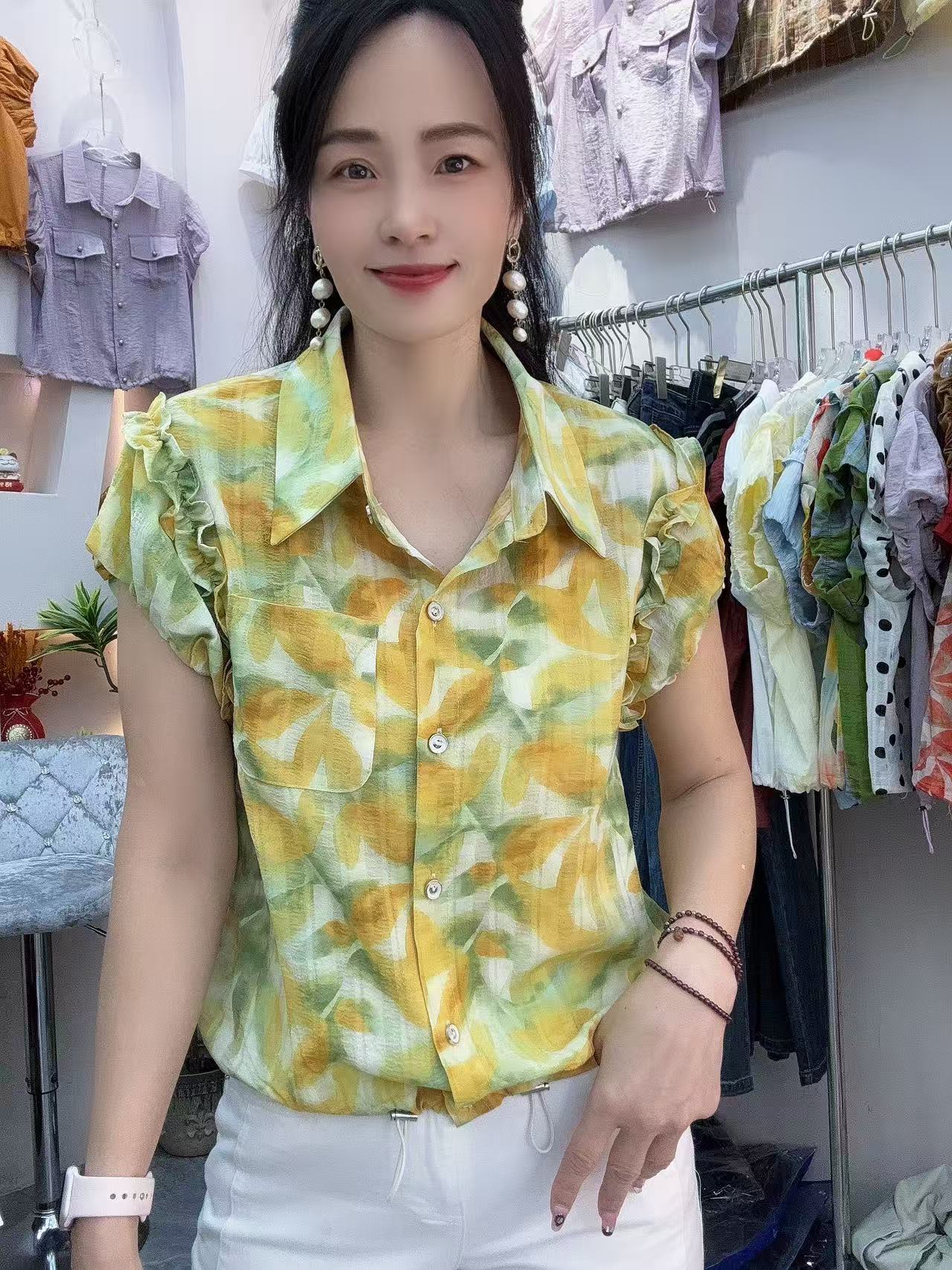 【秀家】夏季新款时尚花苞袖短袖开衫抽绳洋气6656衬衫