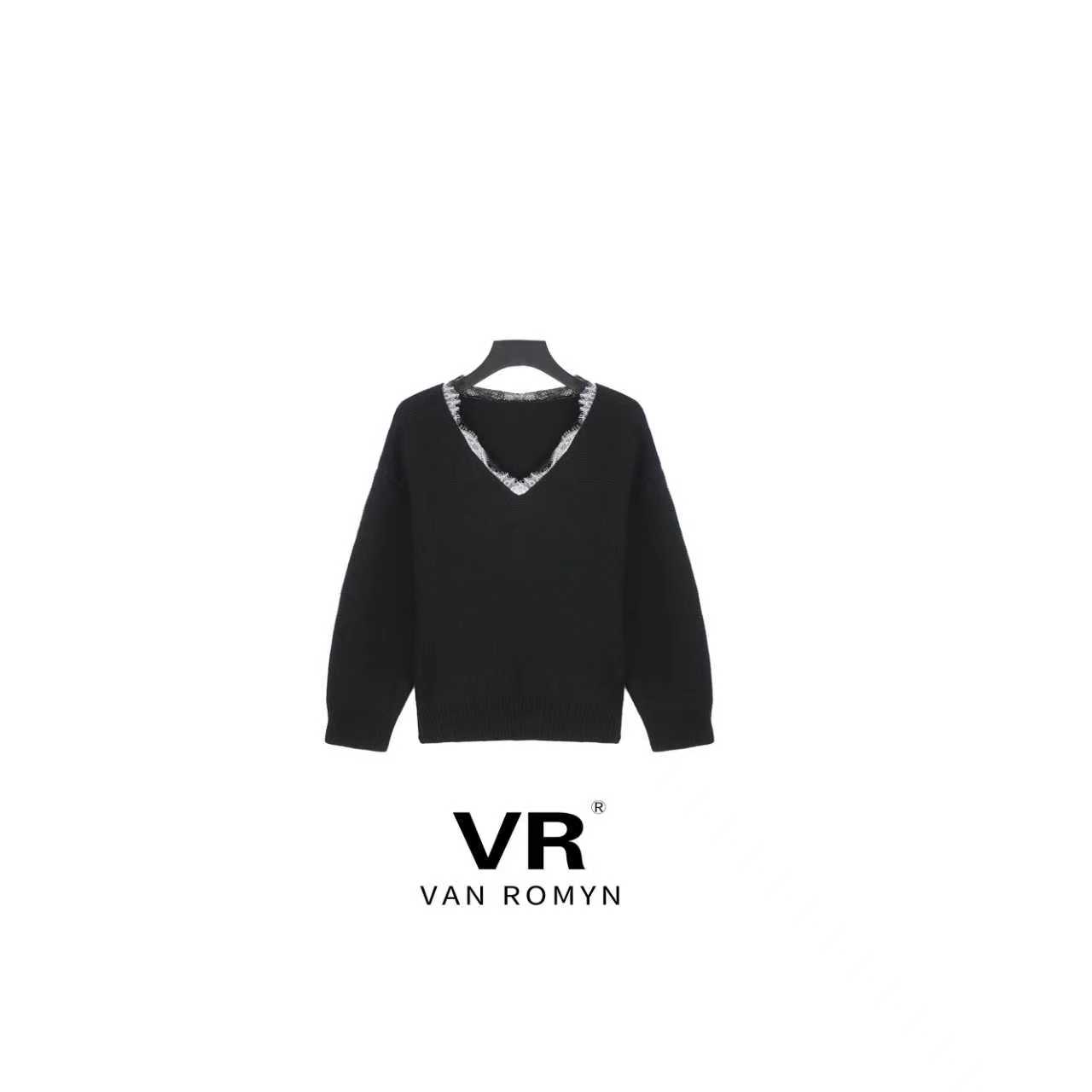 【VR莉娜】512068/2025新款秋冬 绵羊毛V领蕾丝边针织衫