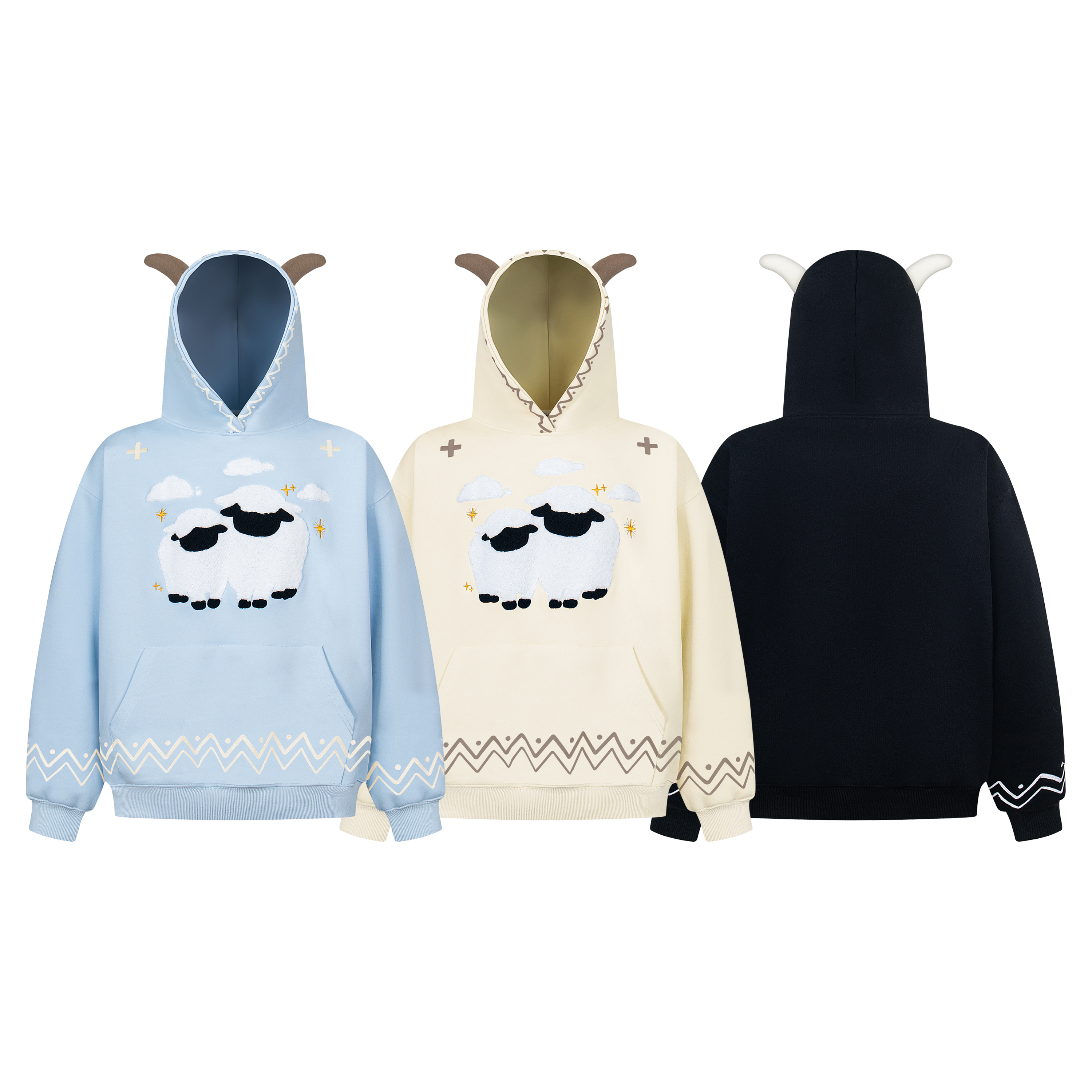 AMER 国潮美式复古街头花边刺绣毛绒小羊羊角连帽卫衣情侣