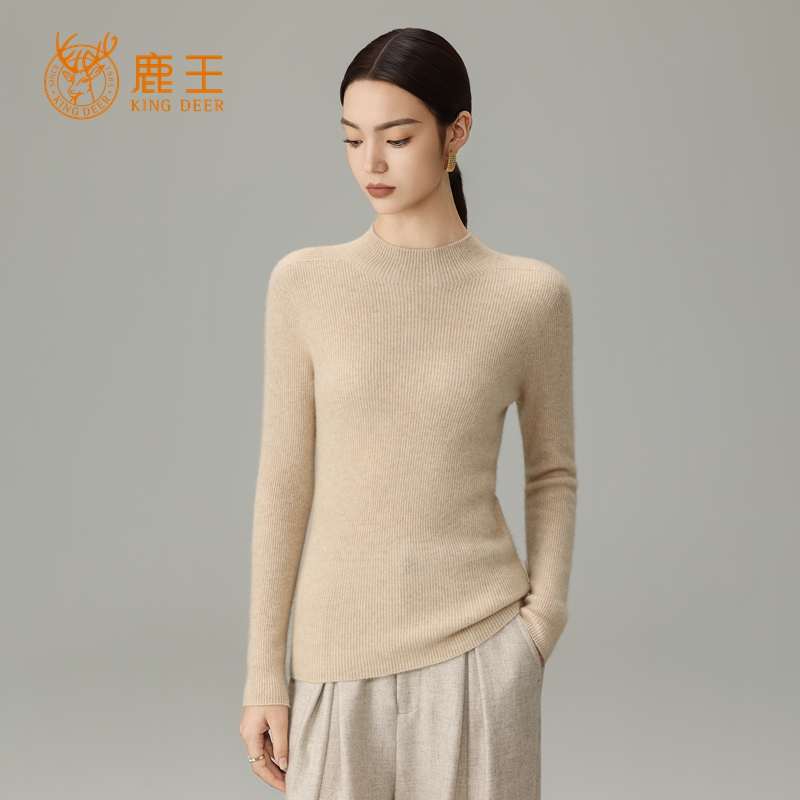 鹿王25秋冬新款半高领抽条修身百搭针织羊绒衫套头毛衣 LS8087