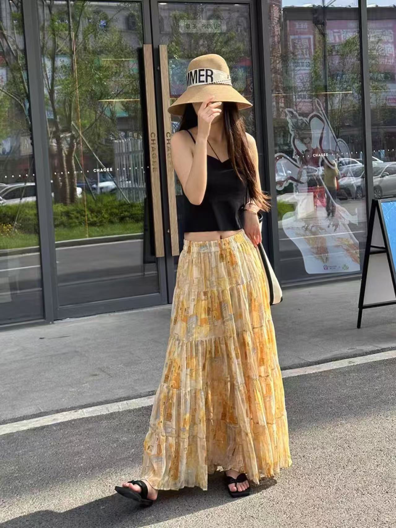 深圳南油白桃美美 法式复古拼接半身裙新款高腰A字摆五节裙A2372