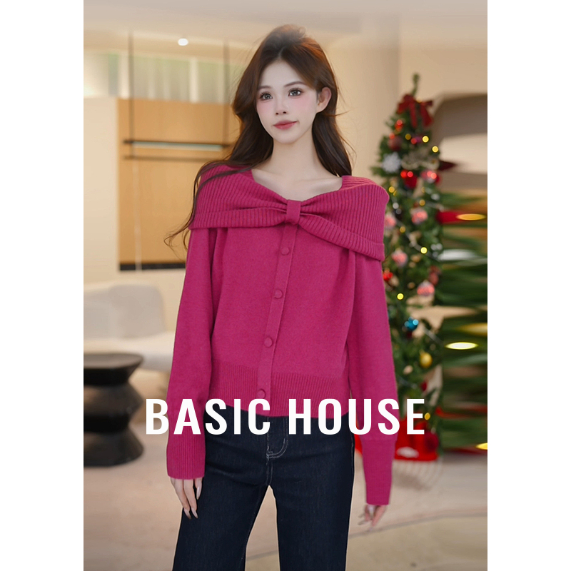 Basic House/百家好琥珀流光蝴蝶结一字肩毛衣女25冬B1195B54J52