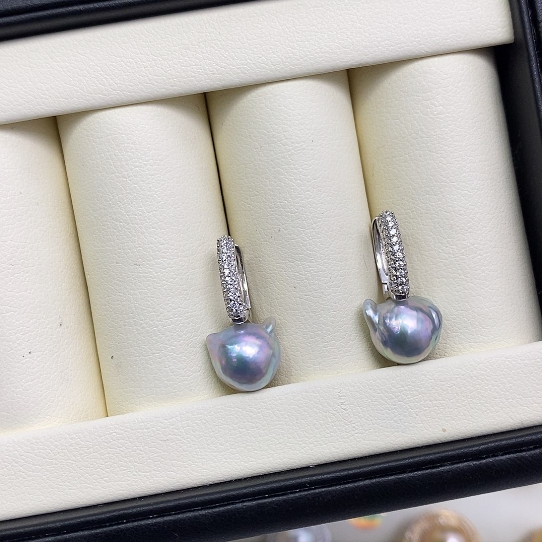 海水珍珠耳饰银S925镶嵌极光炫彩真多麻小熊耳钉9-10mm