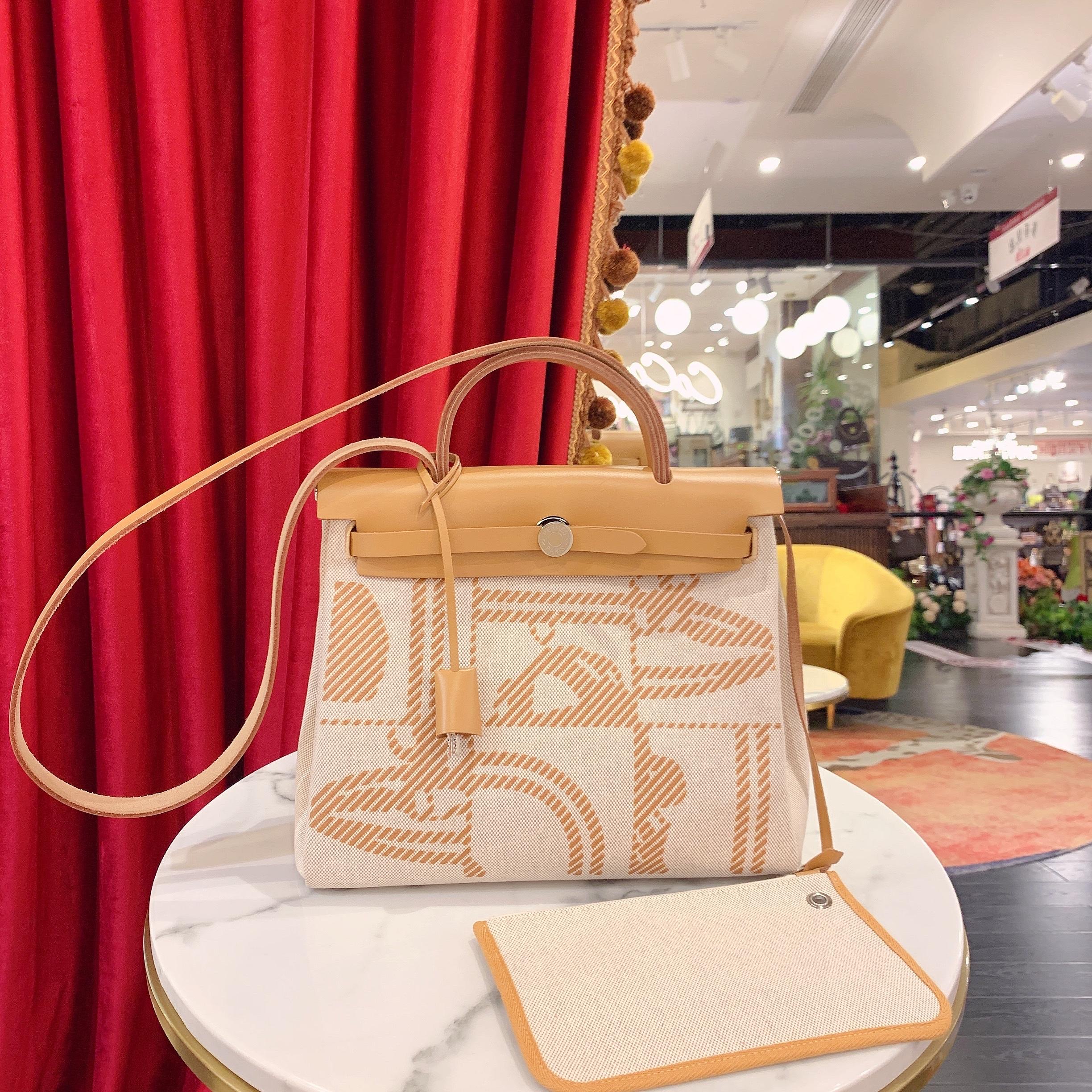 95新 Hermes/爱马仕 GGSHerbag31限量款棕色刺绣帆布拼皮46887968