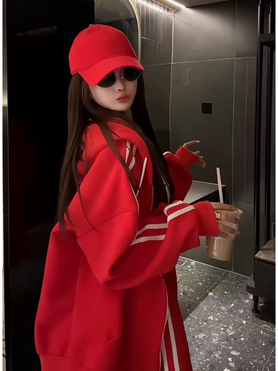 2025年秋季新款时尚宽松百搭连帽卫衣外套休闲长裙两件套装女