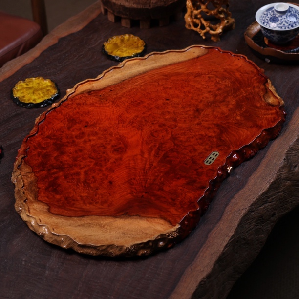 63-37-2.5 缅甸花梨茶盘干泡双色精品满爆榴花文玩盘摆件干湿两用
