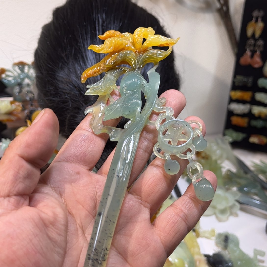 蛇纹石玉发簪合金霖*