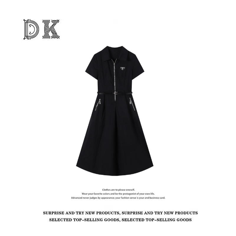 DK 2025夏季女装高级感POLO领拉链收腰短袖连衣裙 61273