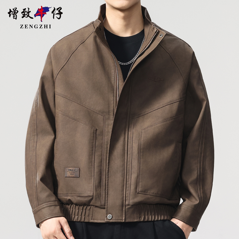ZENGZHI/增致牛仔皮衣美式复古宽松男士皮夹克帅休闲百搭帅气机车