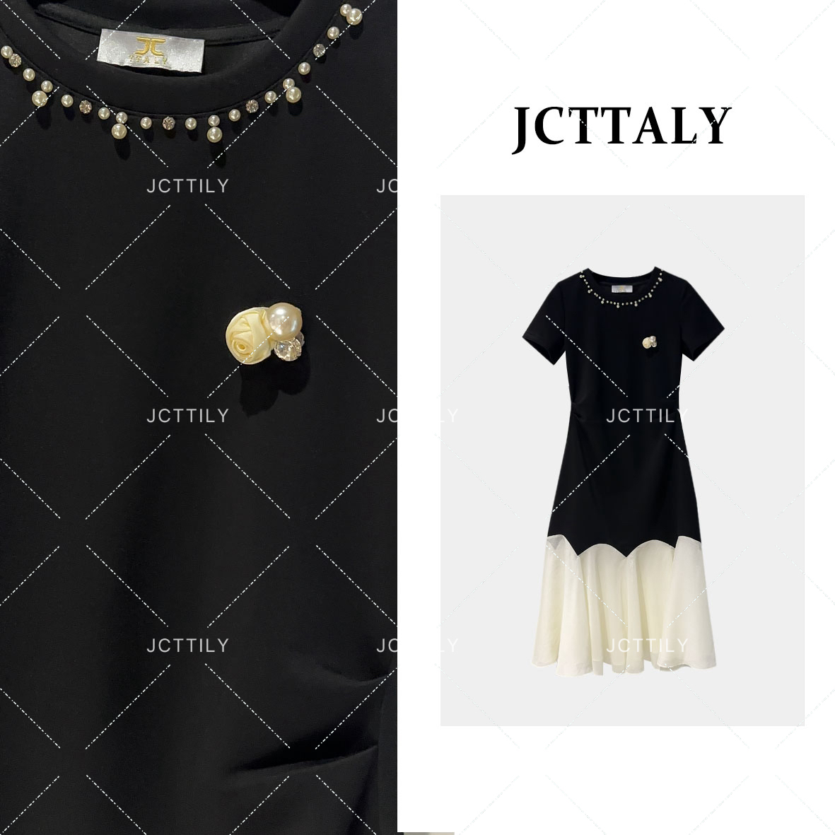COCO拼接玫瑰花钉珠设计款百搭气质复古休闲显瘦连衣裙JC-A2892