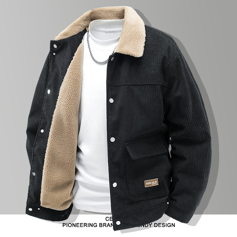 法国Cebrodz男秋冬季新款翻领加绒休闲加厚防风外套男羊羔绒夹克