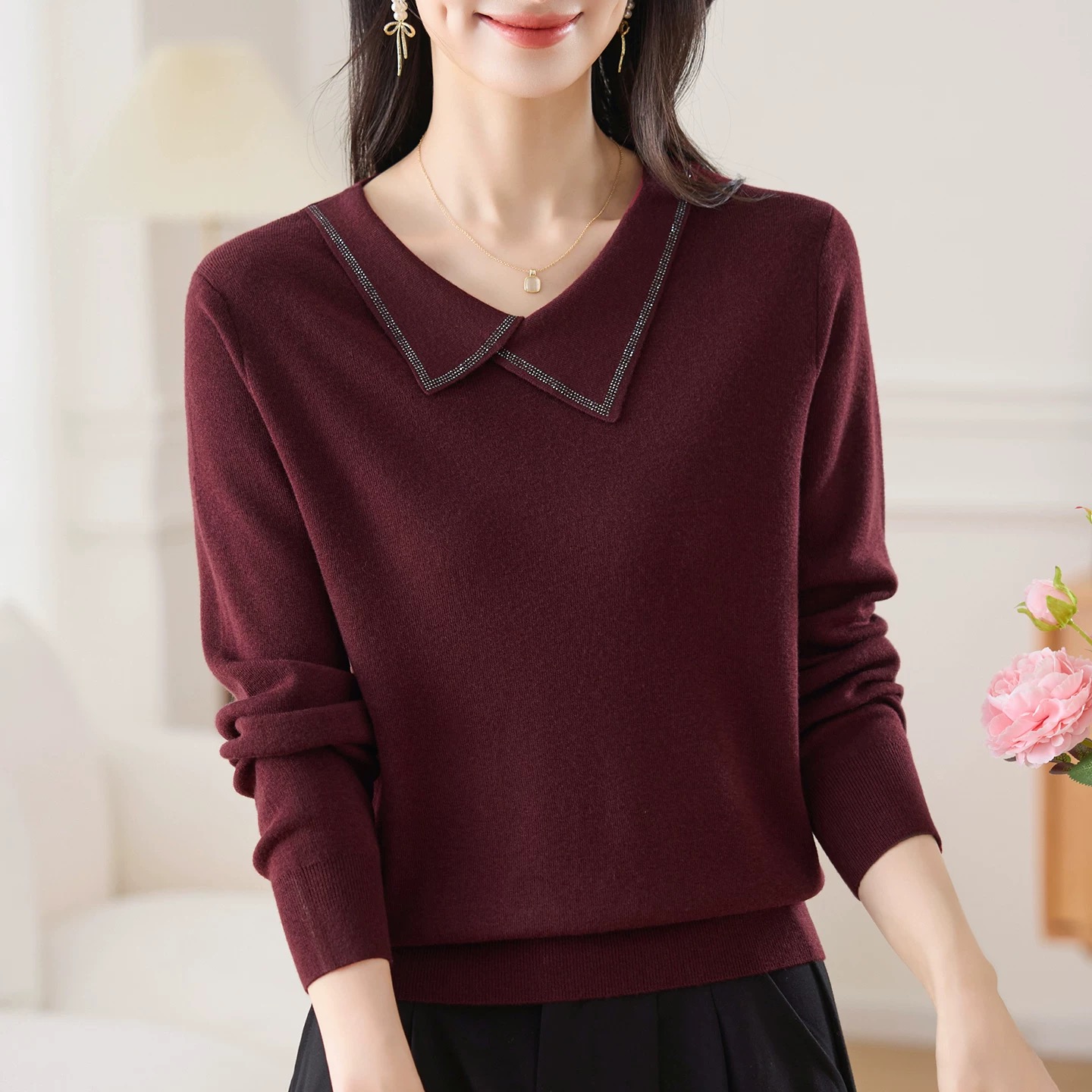 中年妈妈毛衣女秋季2025新款洋气打底衫50多岁内搭针织上衣百搭女