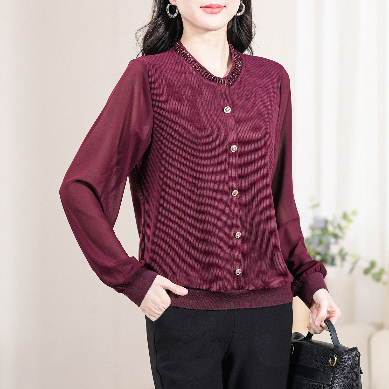 【春季上新】韩版烫钻拼接设计温婉气质圆领小衫CC5282  衣长59