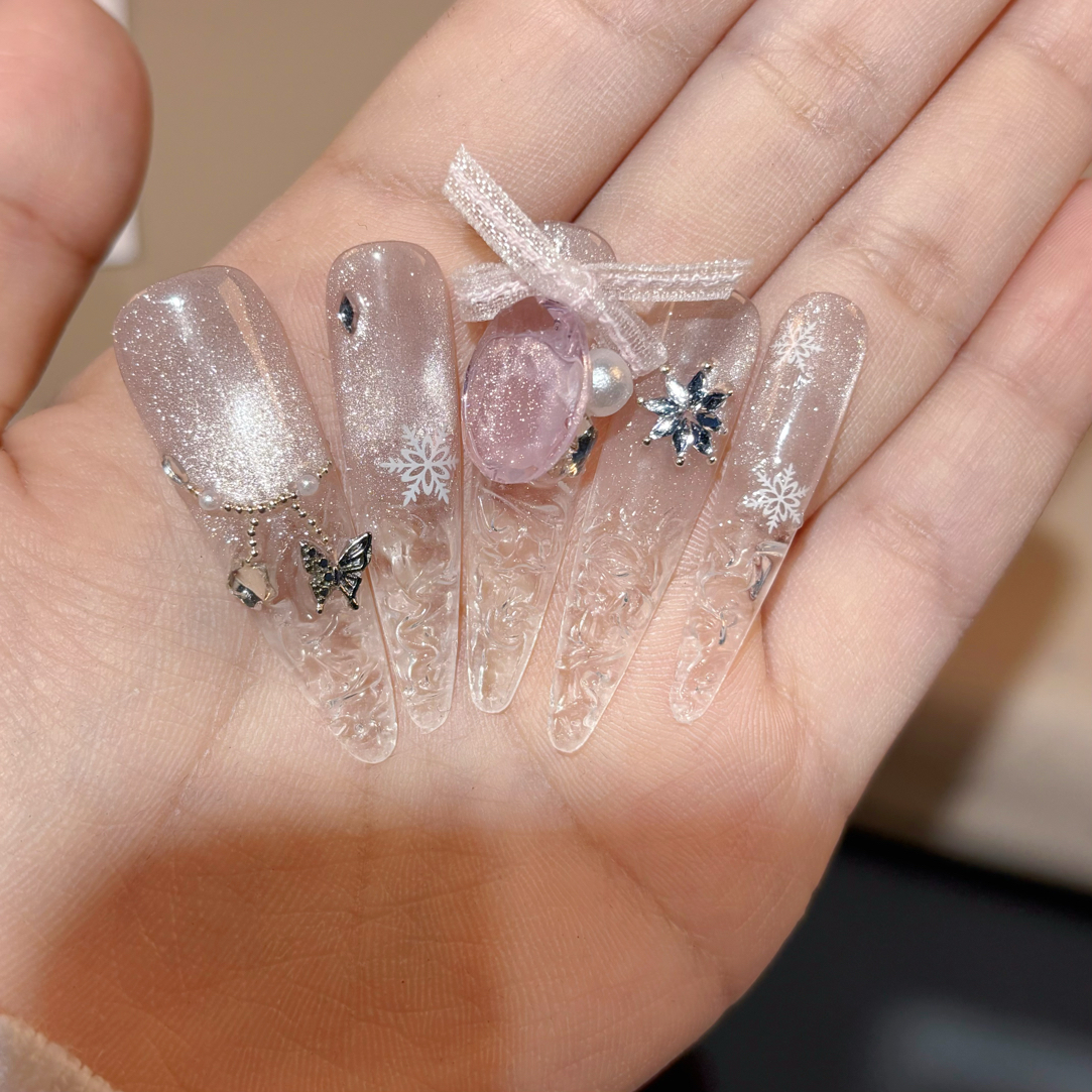 （编码257）粉色碎冰冰琉璃冰透氛围感带钻蝴蝶雪花渐变仙气可拆卸