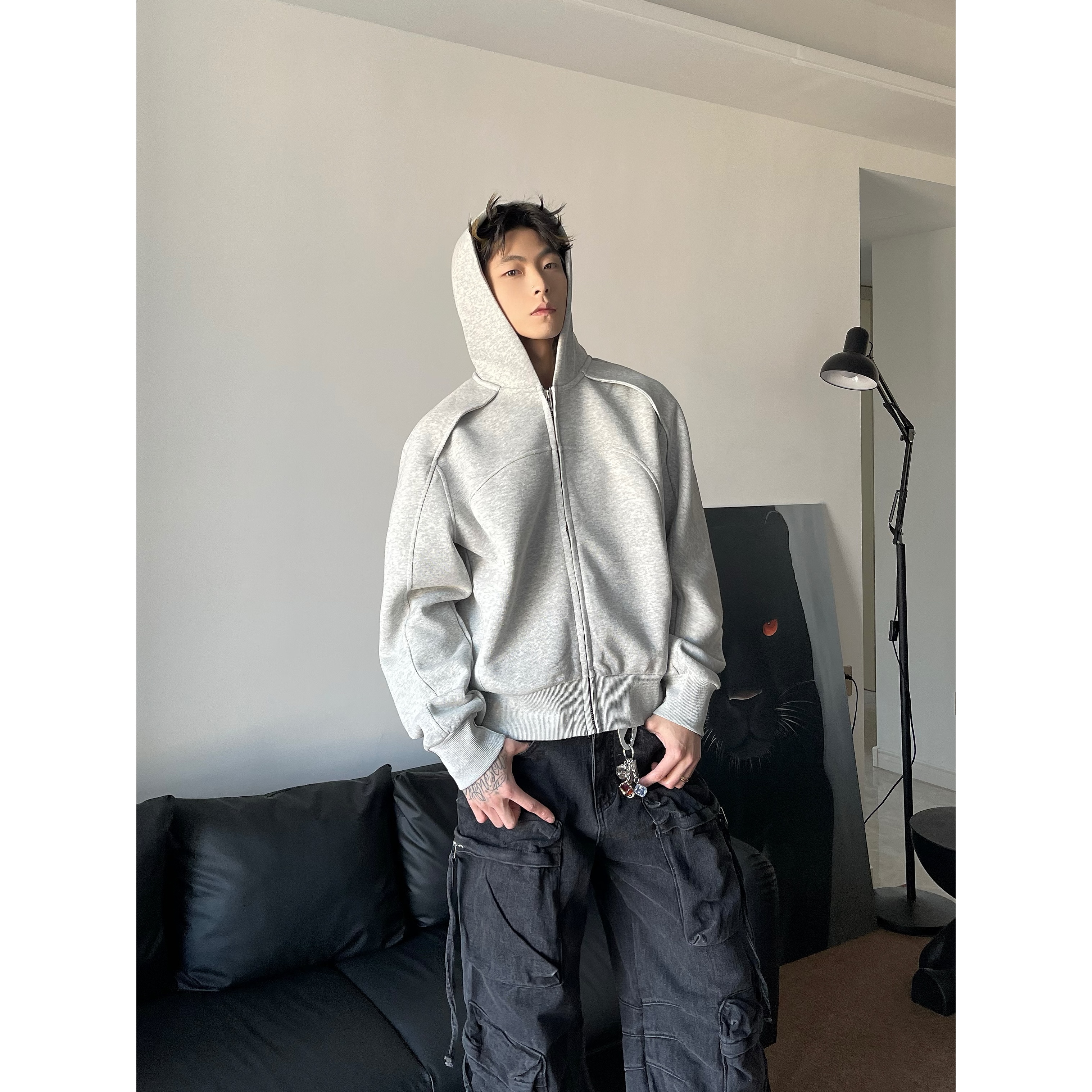 DAYAOBUTAIG小众高级感男女短款卫衣外套cleanfit解构连帽开衫