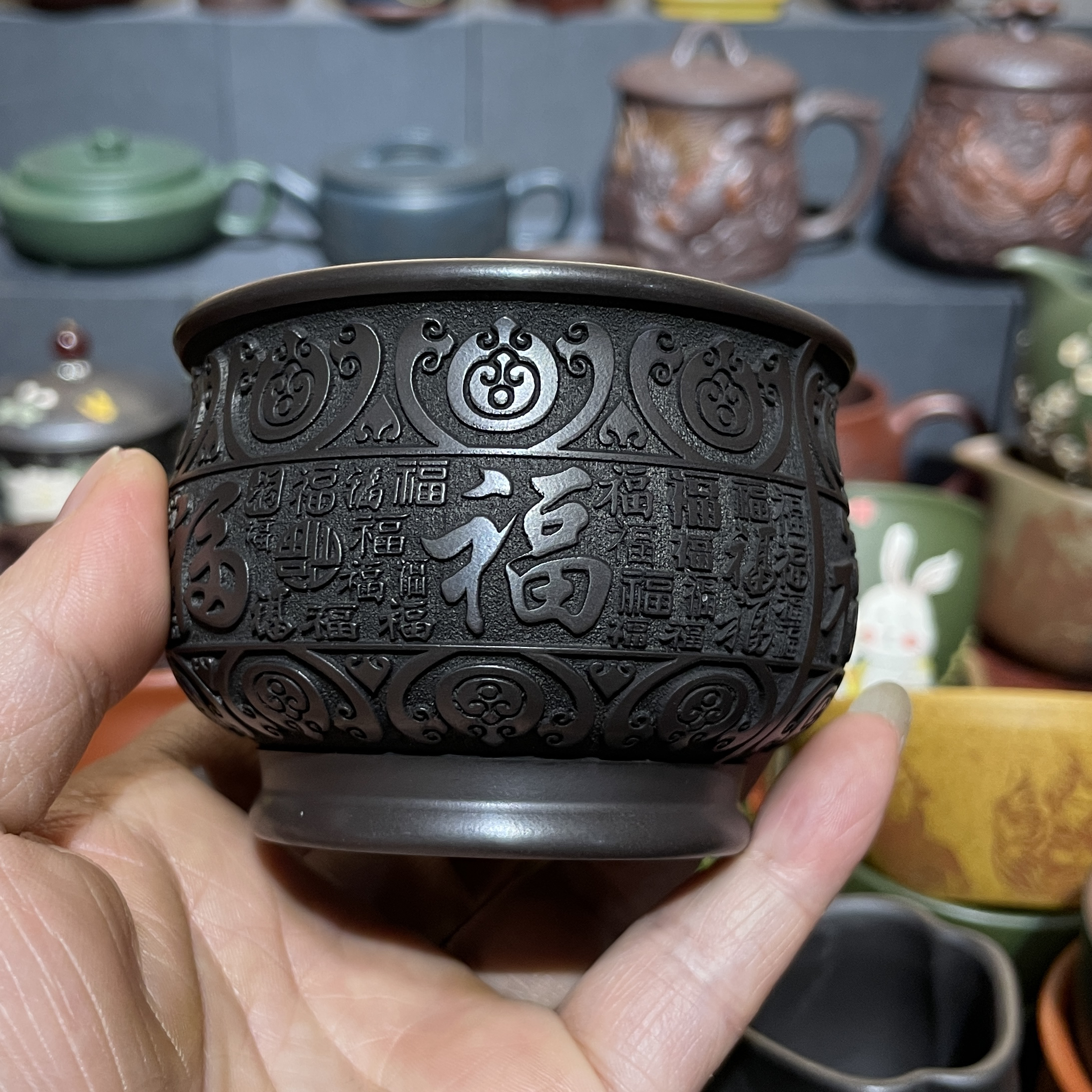 原矿石黄手工浮雕刻绘百福紫砂主人杯将军杯140毫升茶杯紫砂杯
