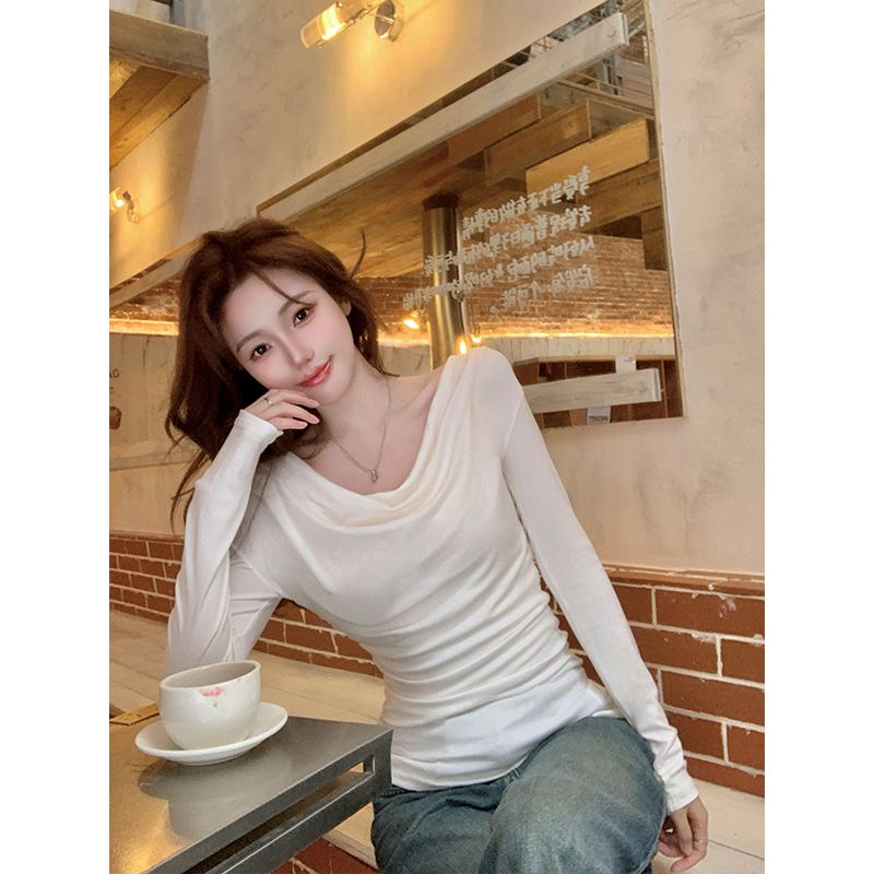 一字肩慵懒风荡领修身显瘦长袖T恤女装早春款设计感休闲百搭上衣