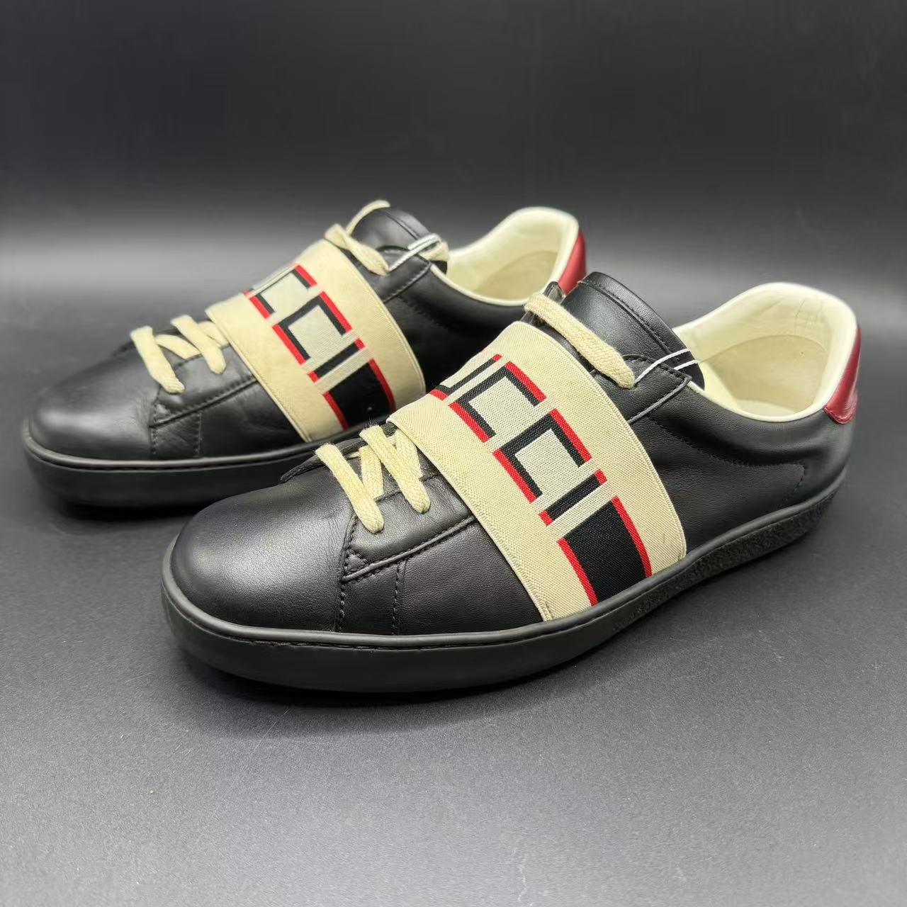 95新 GUCCI/古驰 经典黑色ACE绑带板鞋 40码 lb319