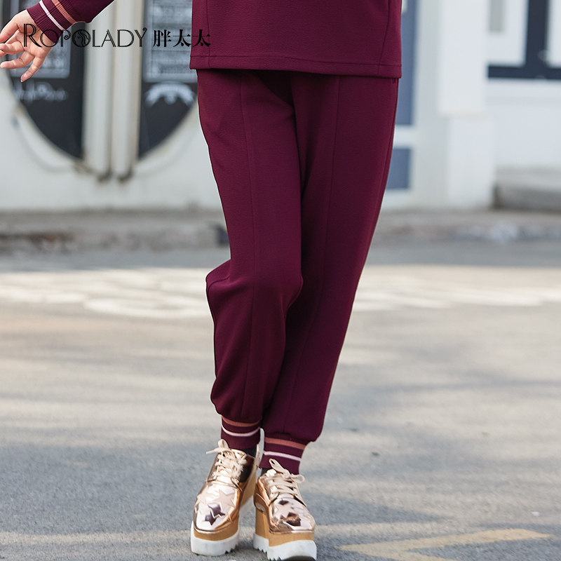 胖太太大码女装秋季新款高腰织带拼接时尚休闲运动卫裤423119720