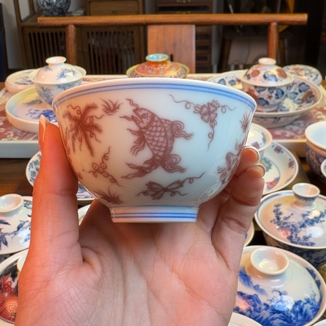 杯重工瑜器点工釉里红杯纯手绘